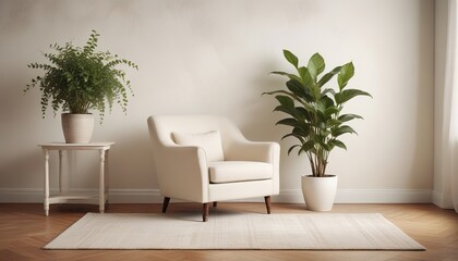 Minimalist living room with white vintage armchair carpet and elegant home decor including a dry plant in a vase against a copy space wall