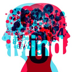 Two overlapping silhouettes of heads are filled with a network of numbers and connected dots, symbolising the intricate connections within the brain. The word Mind is superimposed over the image.