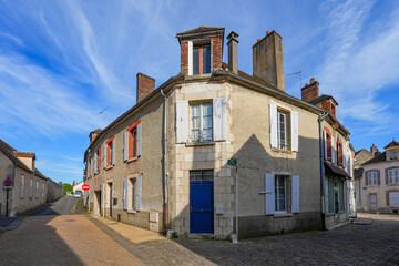 Cobbled street in the historic center of the village of Ferrière-en-Gâtinais in the French department of Loiret, Centre Val de Loire, France