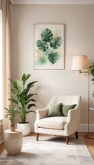 Minimalist living room with white vintage armchair carpet and elegant home decor including a dry plant in a vase against a copy space wall