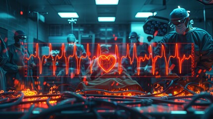 A photo of a heart rate monitor screen flickers with intense hues of red and blue, displaying erratic vital signs amidst a crucial surgical procedure, depicting the tension and urgency 