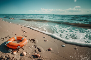 Obraz premium Photorealistic image of a lifebuoy on a beach, with gentle waves approaching, surrounded by seaweed and small rocks, under a bright blue sky