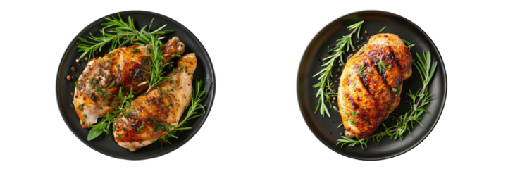 chicken steak on black plate isolated on white or transparent png