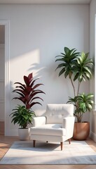 Minimalist living room with white vintage armchair carpet and elegant home decor including a dry plant in a vase against a copy space wall