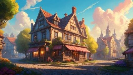 Fototapeta premium Beautiful illustration like a fantasy game showing a housing estate and a town