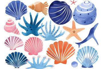 Watercolor cartoon sea shells collection isolated on white background