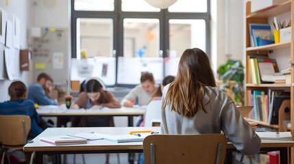 Dedicated Teacher Grading Papers in a Bright and Organized Classroom