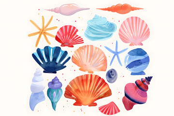 Watercolor cartoon sea shells collection isolated on white background