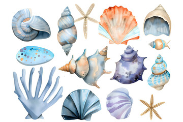 Obraz premium Watercolor cartoon sea shells collection isolated on white background