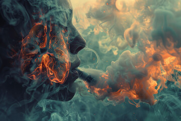 A person exhales vibrant smoke, with glowing, artistic depictions of lungs, illustrating the impact of vaping or smoking on respiratory health.