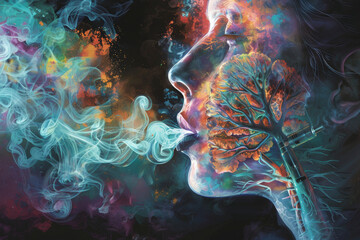 A surreal depiction of a person exhaling vivid, colorful smoke, intertwined with imagery of a tree, illustrating a blend of nature and imagination.
