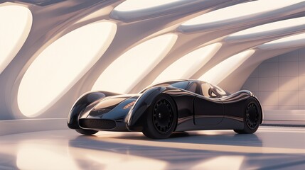 A Black Car Parked In A Hallway Of A Building.