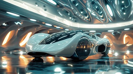 A White Car Parked In A Hallway Of A Building.