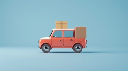 Fototapeta premium Minimalist orange car with boxes on top against a blue background. Creative transport concept for shipping and delivery services. 3D rendering. 3D Illustration.