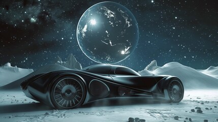 Vertical image of a space-traveling futuristic vehicle.