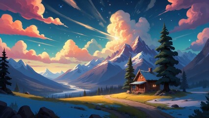 Fantasy landscape winter cottage in the mountains