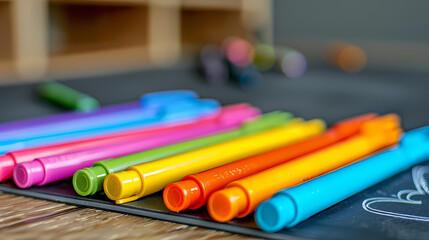 A bunch of colorful pens are lined up on a table