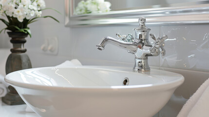 white sink with chrome faucet