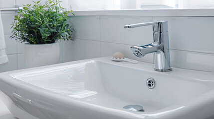 white sink with chrome faucet
