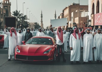 Groups of men dressed in traditional clothing with signs near a red sports car in Saudi Arabia.