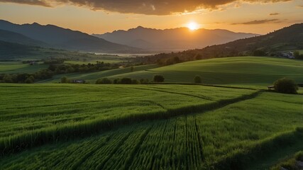 Fototapeta premium Sunset Over Rolling Green Hills