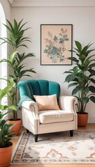 Minimalist living room with white vintage armchair carpet and elegant home decor including a dry plant in a vase against a copy space wall