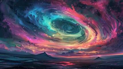 Northern Lights over a vast, open tundra, with the sky filled with swirling colors and a sense of endless space.