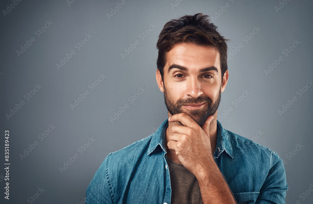 Poster Portrait, thinking and man with choice, decision and problem solving on grey studio background. Face, person and model with questions, mockup space and opportunity with solution, idea and inspiration