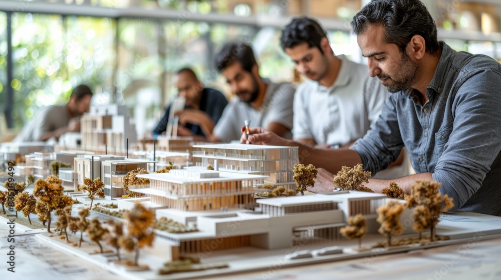 Poster a team of architects reviewing building models in a studio.
