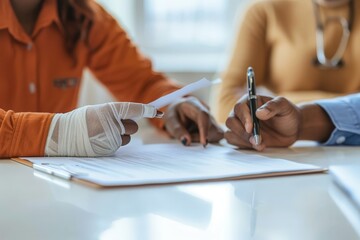 An individual with an injured, bandaged hand fills out a form or contract