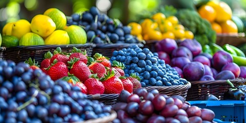 Colorful display of fresh fruits and vegetables at a vibrant farmers market stall. Concept Farmers Market, Fresh Produce, Vibrant Display, Colorful Fruits, Vegetables