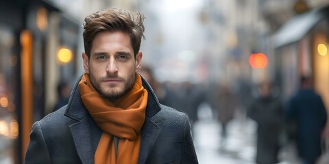 Fototapeta premium Tranquil man in stylish outfit looks at camera amidst vibrant street. Concept Fashion, Portrait, Street Style, Vibrant Colors, Stylish Outfit