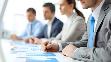 Fototapeta premium Board Members Engaged in Strategic Financial Report Analysis in Modern Office