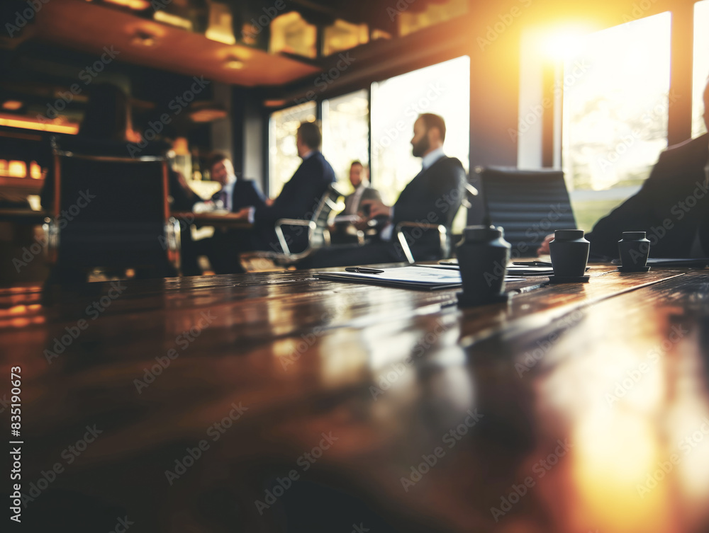 Poster blurred business people in a meeting at a wooden table with coffee cups, bright light streaming thro