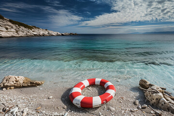 Naklejka premium Photorealistic image of a lifebuoy on a beach, with gentle waves approaching, surrounded by seaweed and small rocks, under a bright blue sky