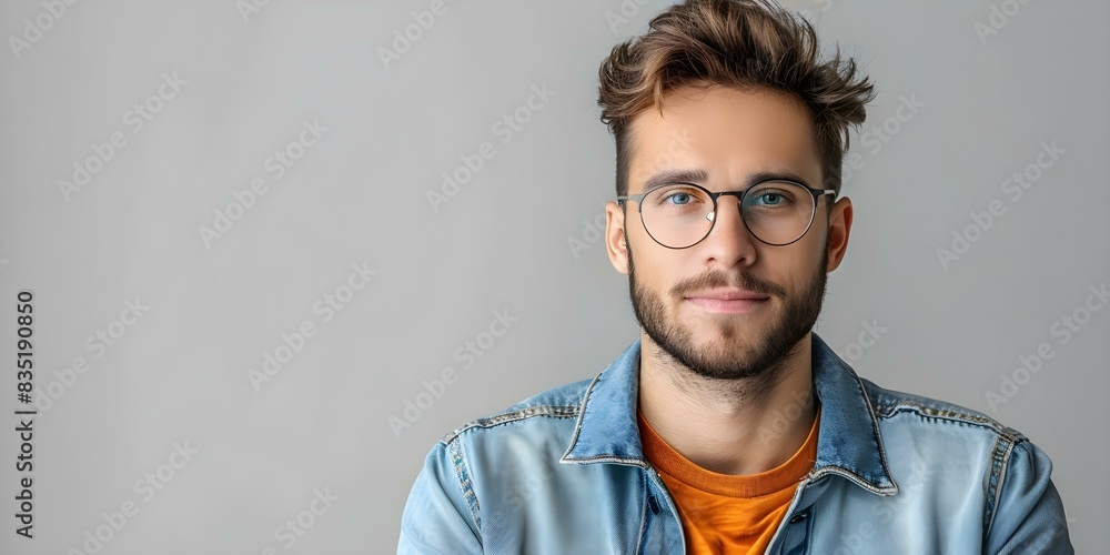 Wall mural Portrait of a young man wearing glasses and a denim jacket against a gray background. Concept Portrait Photography, Fashion Style, Gray Background, Stylish Young Man, Denim Jacket, Eyeglasses - Wall murals