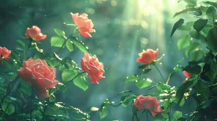 Roses with sunlight in a garden surrounded by green leaves in a rural setting