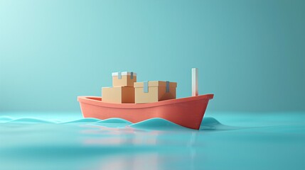 Fototapeta premium Minimalistic image of a toy cargo ship with cardboard boxes, set on a calm blue sea. Ideal for logistics, shipping, and transportation themes. 3D Illustration.
