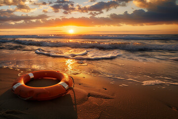 Obraz premium Photorealistic image of a lifebuoy on a beach, with gentle waves approaching, surrounded by seaweed and small rocks, under a bright blue sky