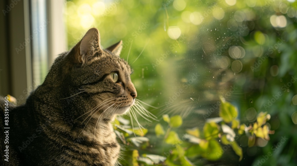 Poster overweight cat sitting by a window, gazing outside with a curious look, with greenery in the backgro
