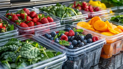 Obraz premium Row of plastic containers filled with colorful berries, vibrant vegetables, and leafy greens, showcasing a fresh market display