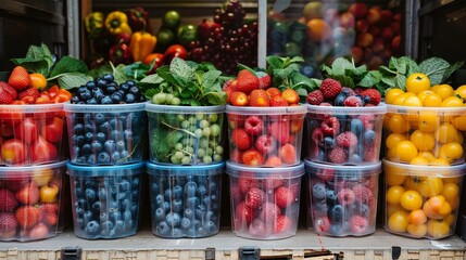 Row of plastic containers filled with colorful berries, vibrant vegetables, and leafy greens, showcasing a fresh market display