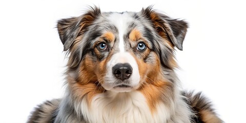 Australian Shepherd dog with fluffy coat and piercing eyes isolated on white background, Australian Shepherd, cute, dog, fluffy, coat, isolated, white background, pet, domestic animal