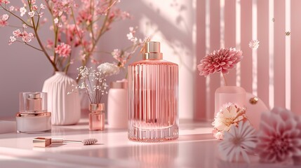 Fototapeta premium Rose gold perfume bottle on an elegant dressing table with delicate makeup accessories, set against a soft pink background