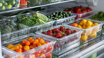 Obraz premium Plastic containers filled with an assortment of fresh produce, placed in a well-organized refrigerator shelf