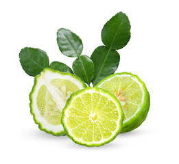 Leaf of bergamot (kaffir lime)  and half ,slice isolated on transparent.