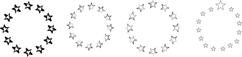 Stars of various sizes arranged in a circle. Round frame, border. Design element, ornament. Black star shape, simple symbol. Vector illustration eps 10.