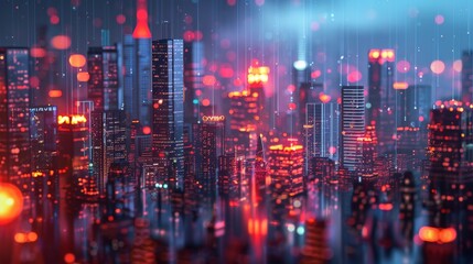 Fototapeta premium This image depicts a vibrant and colorful neon-lit cityscape, potentially representing a futuristic urban environment