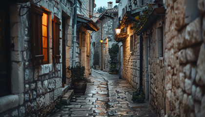 A dark alleyway with a street lamp in the middle