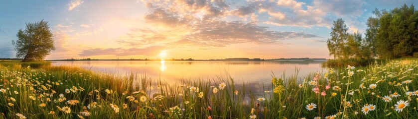 Beautiful summer spring natural landscape with lake and wildflowers